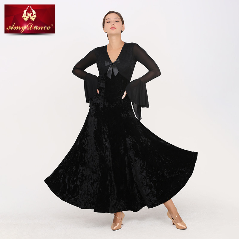 艾美舞服交谊舞包胯A字裙摆喇叭袖V领连衣裙黑色透气摩登舞练功服