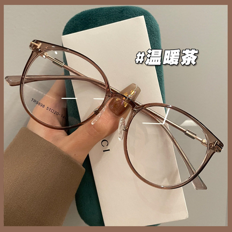 新款超轻TR90眼镜框时尚简约冷茶色男女圆框平光镜素颜透明近视