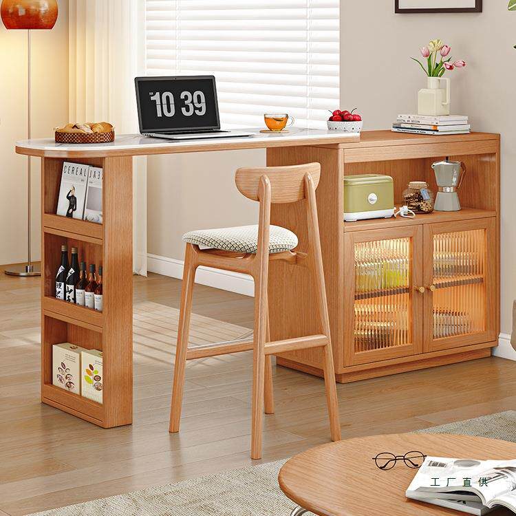 实木吧台桌伸缩阳台休闲小吧台家用餐边柜一体樱桃木色橱柜隔断柜