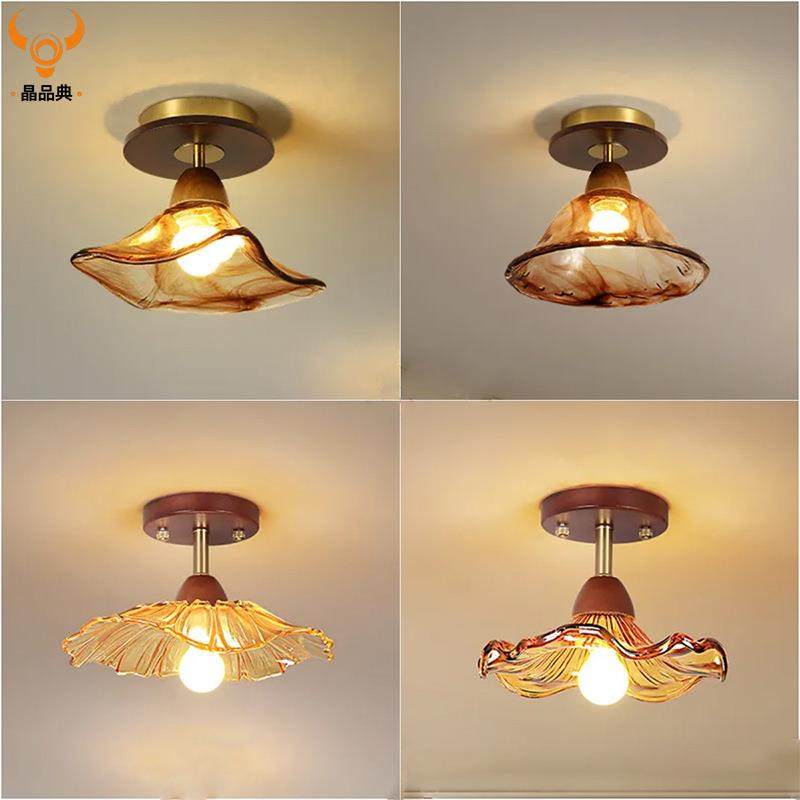 过道灯美式复古玻璃实木吸顶灯外贸玄关走廊入户门厅衣帽间阳台灯