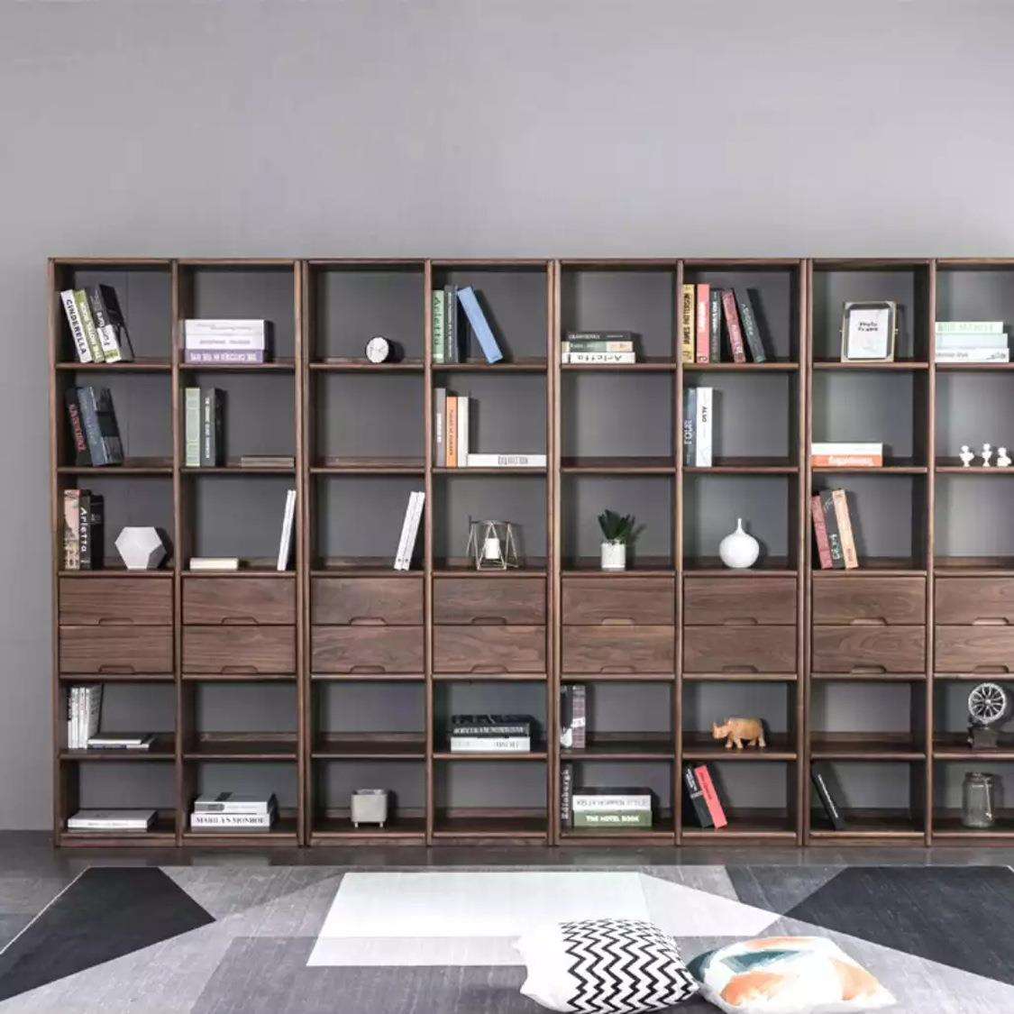 北美黑胡桃木落地书架现代简约实木樱桃木置物架博古架满墙书柜