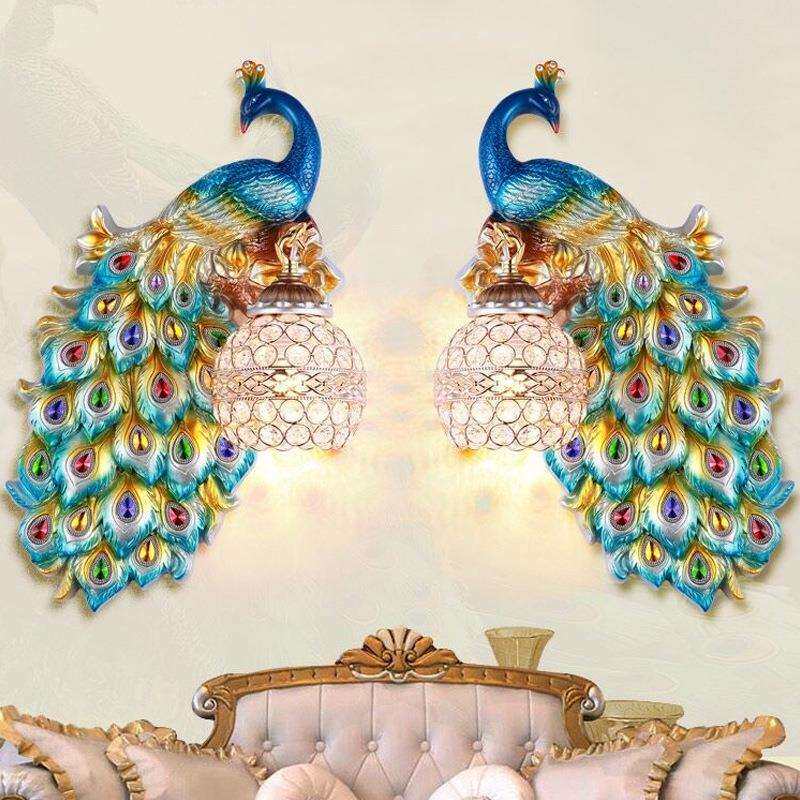孔雀壁灯简约美式客厅卧室玄关东南亚创意装饰品灯具楼梯过道书房