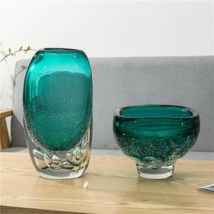 意式轻奢气泡蓝色玻璃花瓶样板房客厅摆件桌面纹理家居插花花器