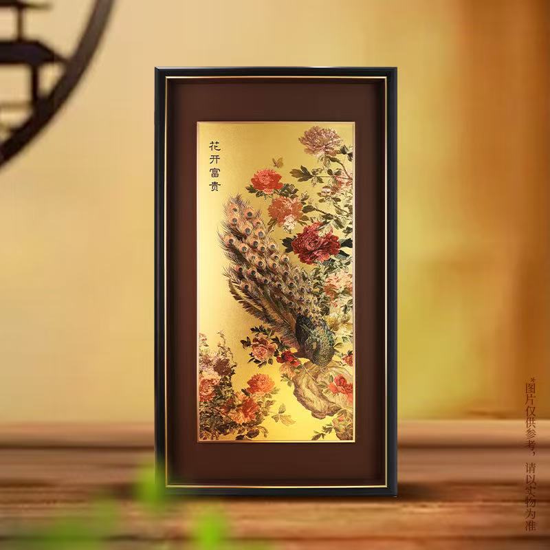 花开富贵孔雀杜丹刺绣质感金画挂画装饰画中古风摆件批发