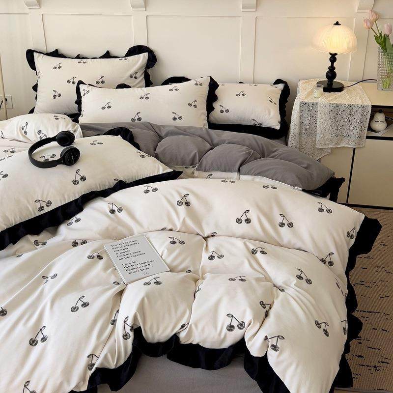 新款法式水洗棉四件套床笠式花边韩版小清新床单三件套床上用品4