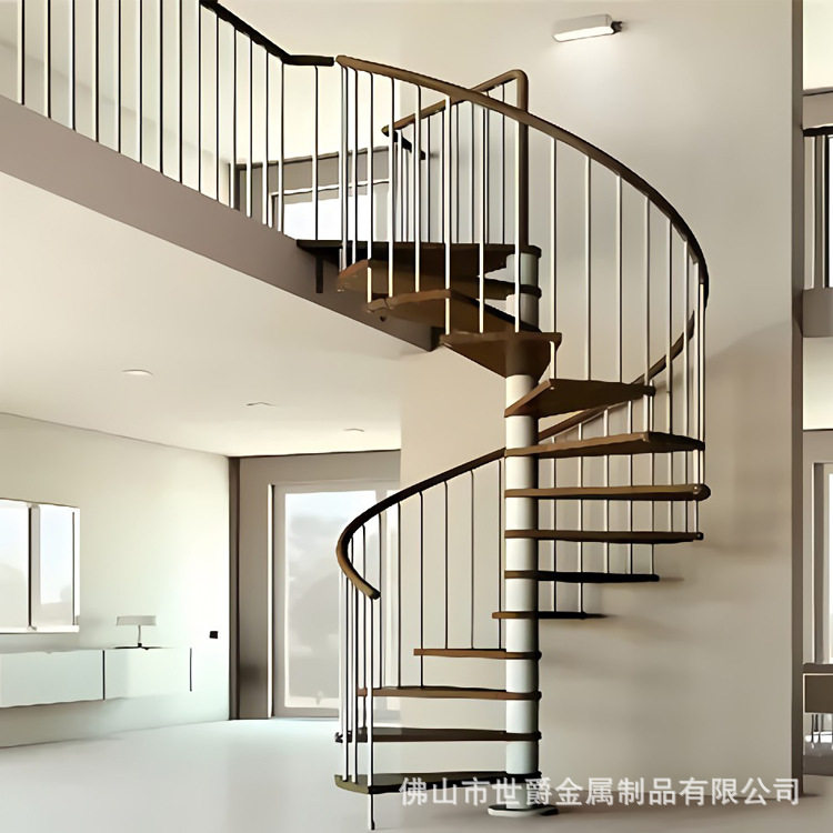 室内旋转楼梯铁艺中柱复式公寓loft别墅阁楼家用钢木楼梯成品厂家