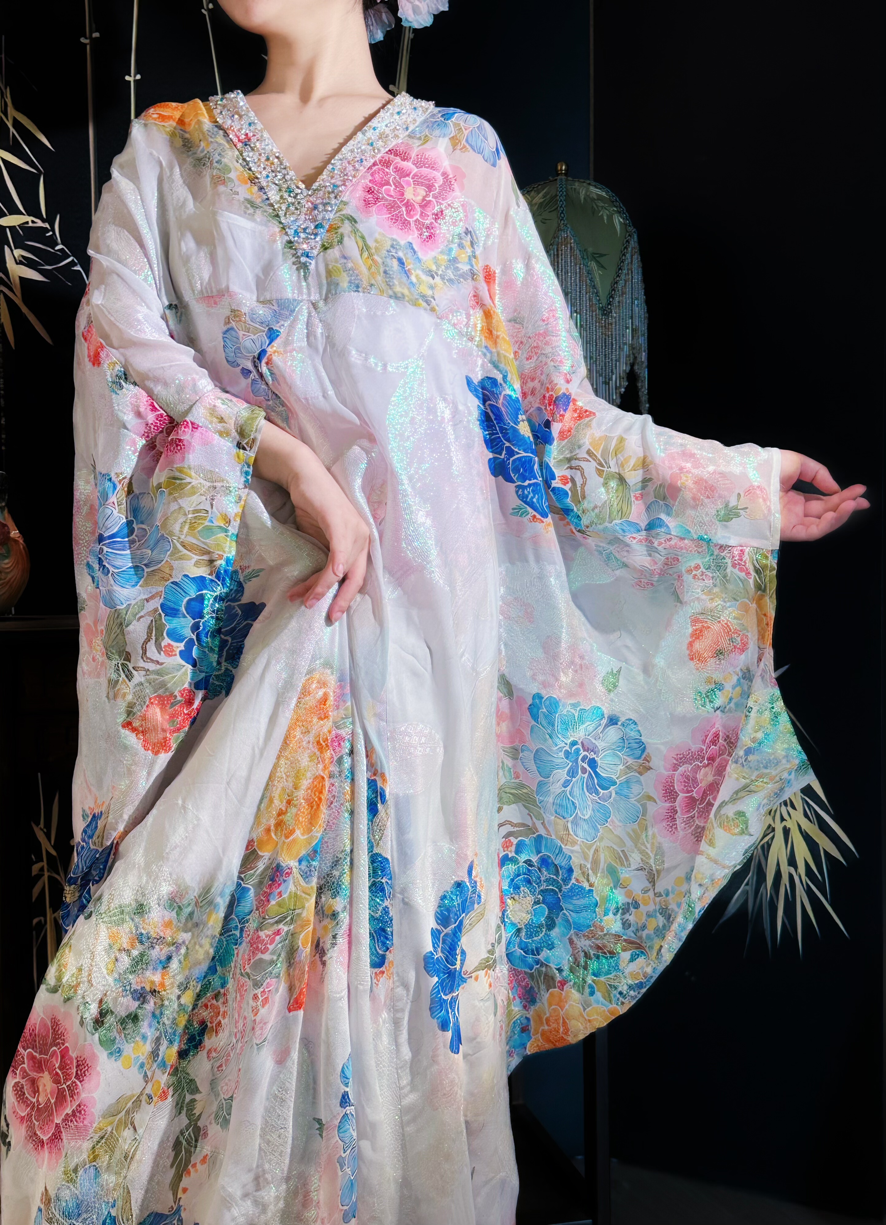 仲夏夜之梦全真丝印花七彩金皮v礼服定制/加工
