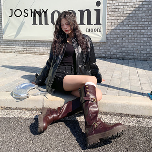 卓诗尼厚底百搭两穿长筒靴女2024秋冬新款 英伦风显瘦靴子休闲长靴