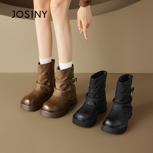 卓诗尼厚底褶皱堆堆靴女2025新款秋冬皮带扣中短筒时装瘦瘦裤管靴
