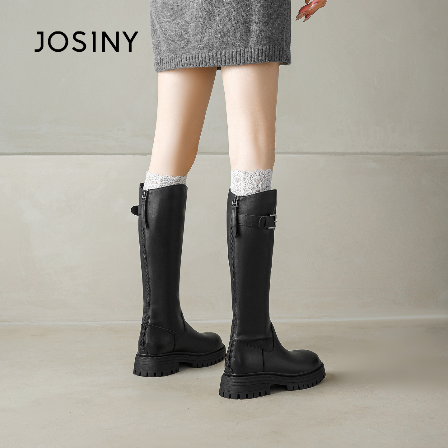 卓诗尼黑色长筒靴厚底小个子长靴