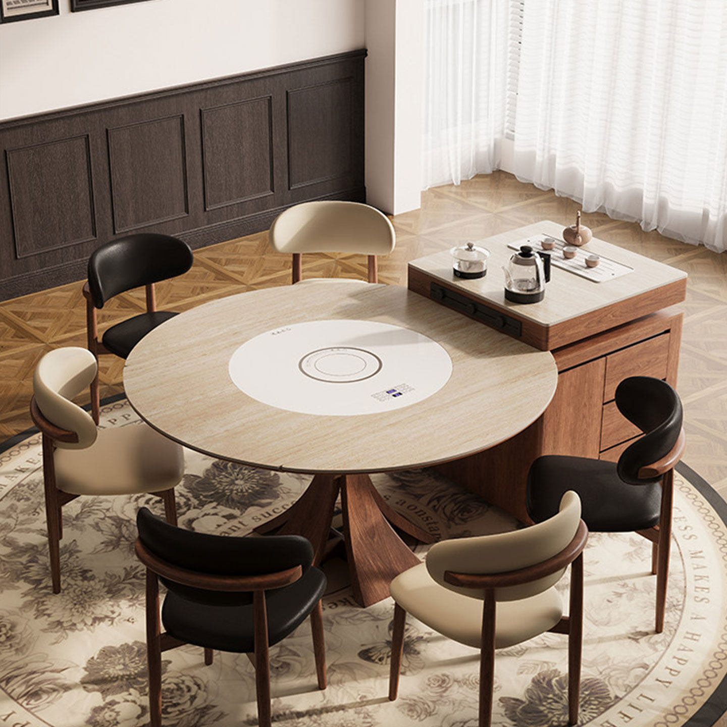 中古风实木岩板餐桌内嵌暖菜转盘家用现代简约胡桃色岛台圆桌一体,住宅家具,岩板餐桌,淘宝优惠券,粉丝福利购,淘宝优惠卷