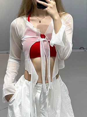 飘逸感流苏防晒罩衫女两穿爵士跳舞屁帘网纱系带两穿kpop街舞腰搭