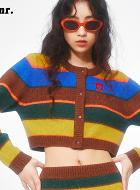 MLMR秋装新款多巴胺穿搭女条纹针织衫甜辣小上衣糖果色开衫毛衣