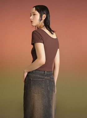 MLMR24春夏新款简约修身甜辣短袖T恤上衣短款拉链显瘦露脐女装潮