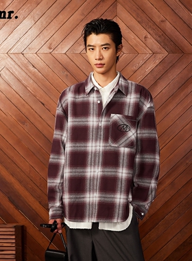 MLMR秋季新款复古感时尚潮流格子衬衫外套翻领撞色宽松版男女