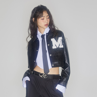 MLMR秋季新款宽松PU潮女款时尚百搭长袖外套女士短外套皮衣夹克男