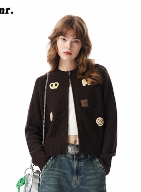 MLMR冬季新款百搭风含羊毛短款双向拉链撞色针织衫毛衣男女