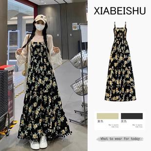 夏裝 大碼 碎花連衣裙女夏季 穿搭巨好看 一整套胖mm高級(jí)感吊帶裙子