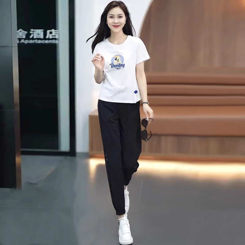 时尚休闲运动套装女2024夏季新款小个子显瘦短袖T恤束脚裤两件套