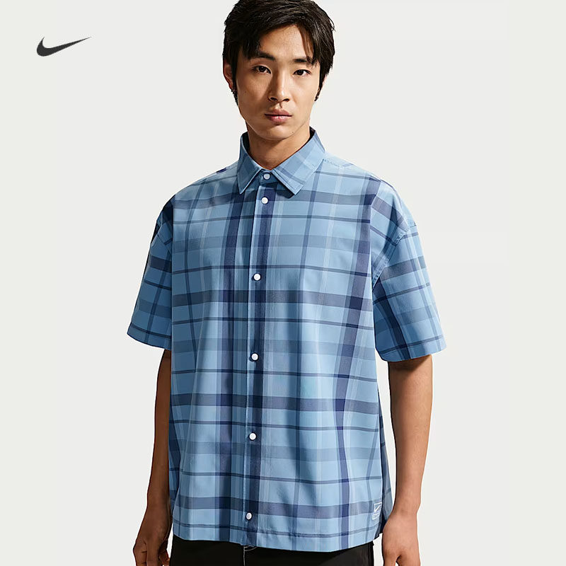 耐克/NIKE男子运动宽松休闲格子纹翻领短袖衬衫上衣IW1192-486