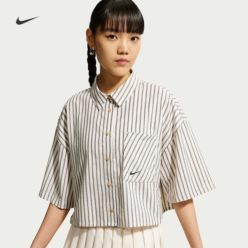 耐克/NIKE女子运动宽松休闲条纹翻领短袖衬衫上衣II4229-286-435