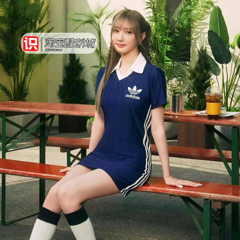 阿迪达斯宽松休闲V领短袖连衣裙