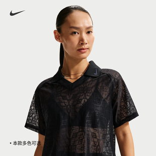 耐克 T恤IF0521 010 398 NIKE女子运动宽松休闲蕾丝半透明翻领短袖