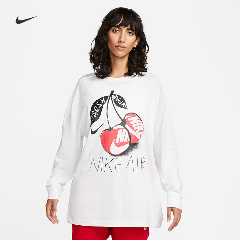 耐克/nike女子运动宽松休闲樱桃印花纯棉圆领长袖t恤fd2567-100