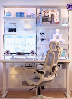 五金少女 洞洞板电竞房电脑桌台式电动女生升降书桌书架一体桌搭