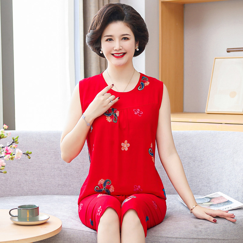 中老年人棉绸宽松大码妈妈睡衣人造棉外穿家居服无袖两件套装女夏