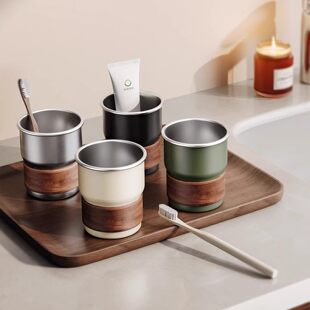 北美进口胡桃木漱口杯不锈钢防霉抗菌牙刷杯中古风刷牙杯情侣洗漱