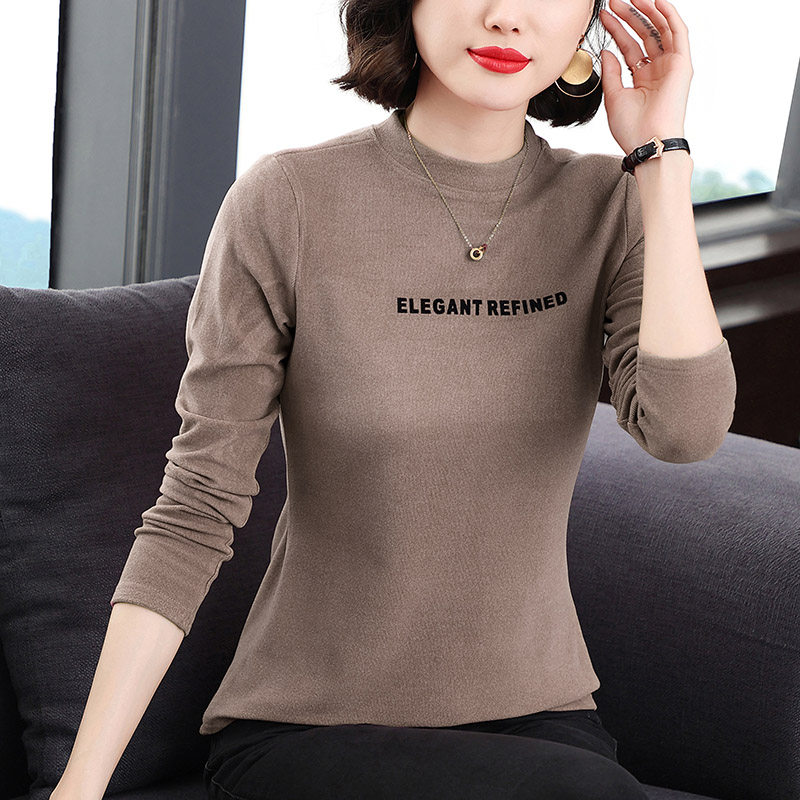 中年妈妈中领打底衫女冬长袖德绒加绒打底衣加厚纯棉上衣保暖秋衣