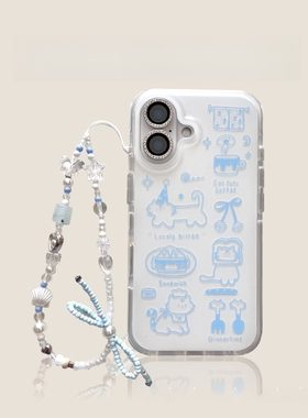 小清新蓝线条面包小猫链条适用vivo y500/S30promini/X90/X300手机壳S20女X200S/V40/Y78+Y36可爱S19/X60/S17