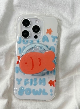 趣味涂鸦英文金鱼磁吸支架适用A6/OPPO Reno15/FindX9/X8S/14/12/13手机壳A98/A6pro新款K13/A2/A79防摔A3/56