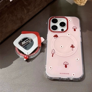 卡通蘑菇小房子磁吸支架适用小米15/14ultra手机壳13T红米K80女款K70趣味K60至尊Note14双层11T/12/Turbo4Pro