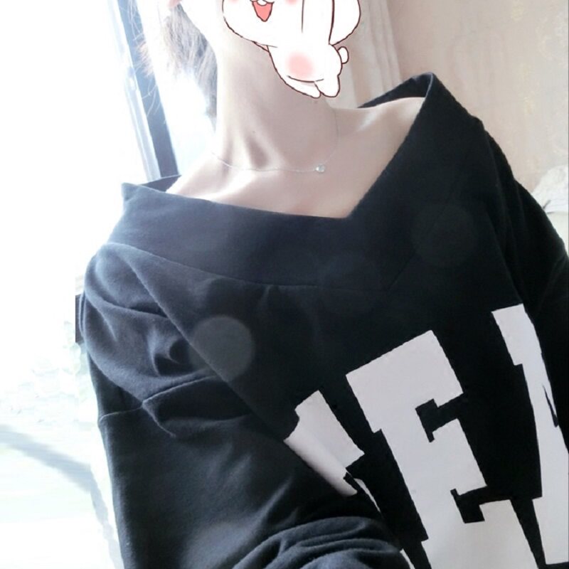 早秋薄款宽松学生韩版长袖卫衣女印花一字肩上衣女OVERSIZE外套女