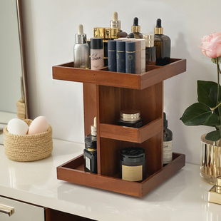 木质化妆品360度收纳盒旋转梳妆台分层整理桌面口红护肤品置物架