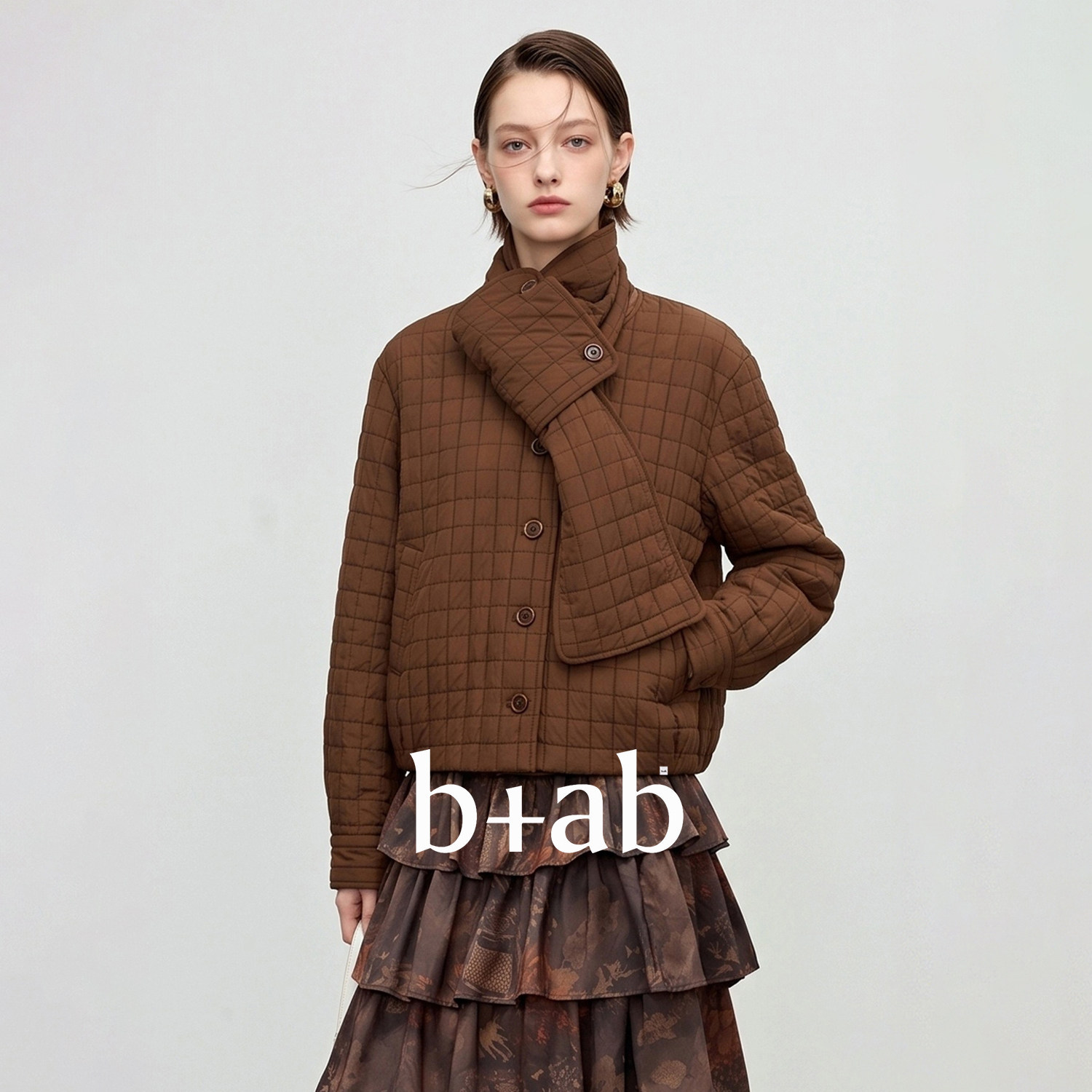 it b+ab 2026冬季新款外套围巾套装女菱格绗缝宽松显瘦休闲两件套