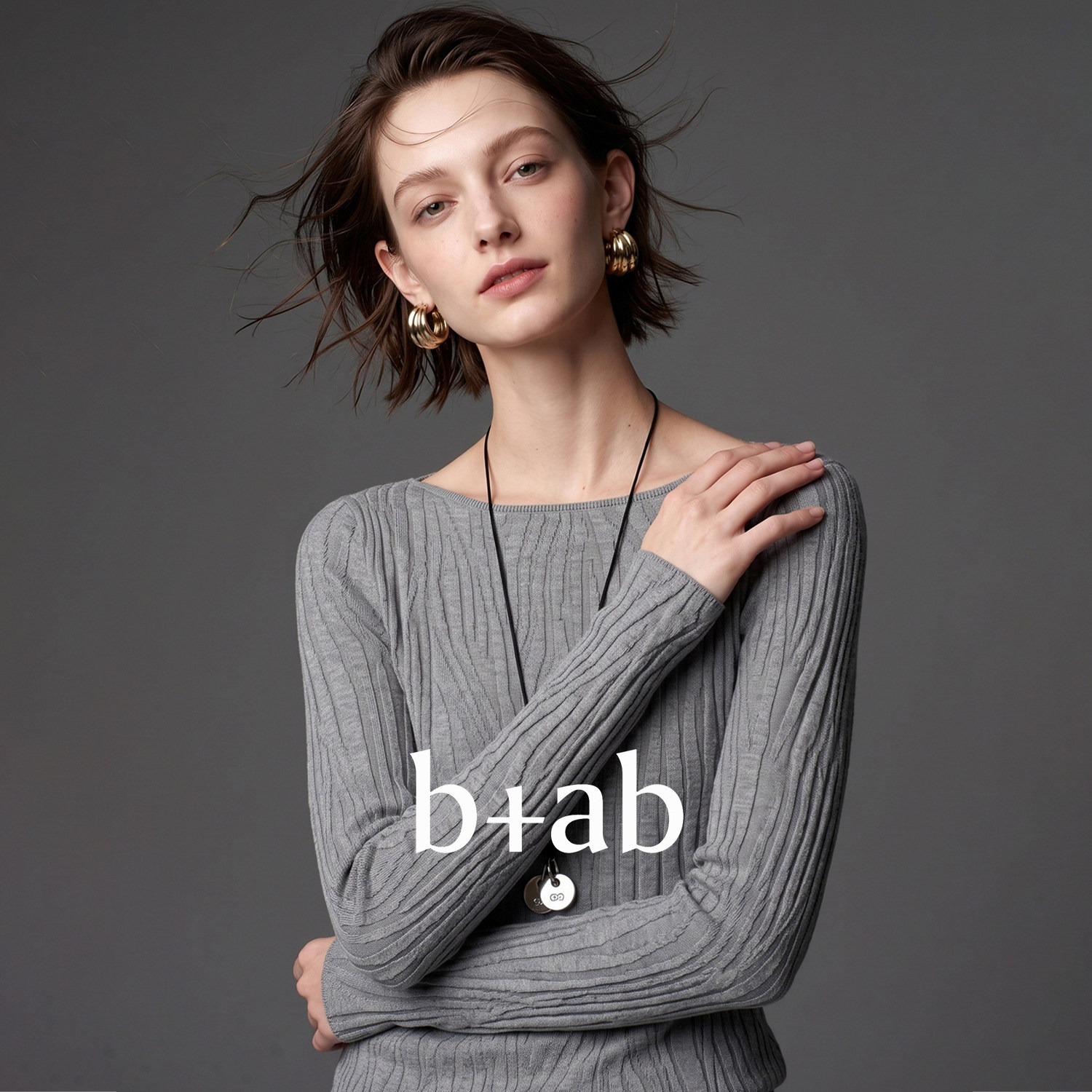 it b+ab 2026秋季新款灰色毛针织衫女坑条修身长袖气质内搭上衣