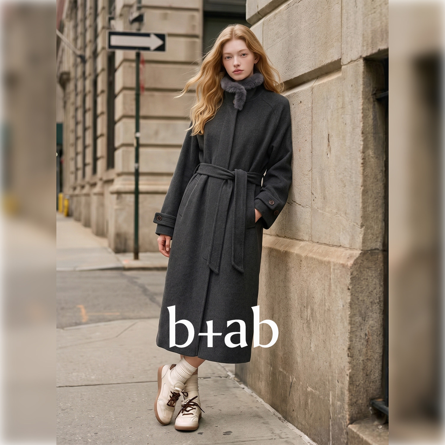 it b+ab 2026冬季新款毛呢大衣女立领毛领系带长款宽松休闲外套