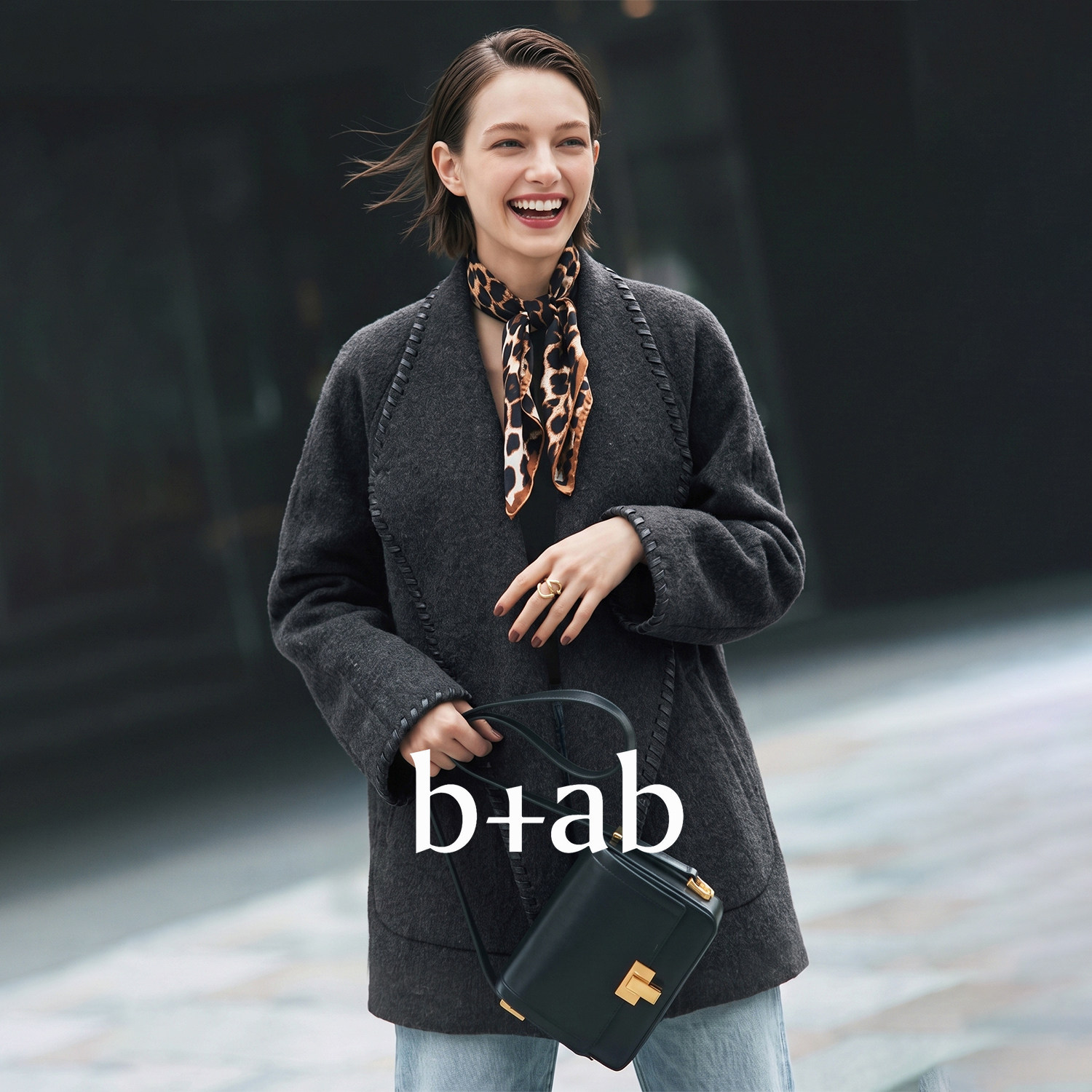it b+ab 2026冬季新款深灰色毛呢大衣女编织饰边宽松慵懒风外套