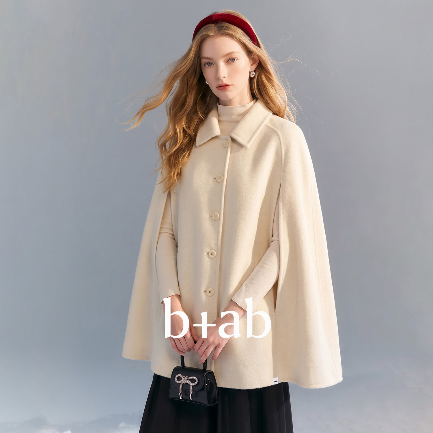 it b+ab 2026冬季新款白色毛呢斗篷外套女中长款翻领单排扣大衣
