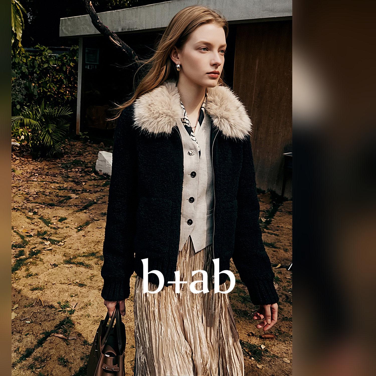 it b+ab 2026冬季新款黑色外套女短款宽松显瘦百搭毛绒夹克上衣