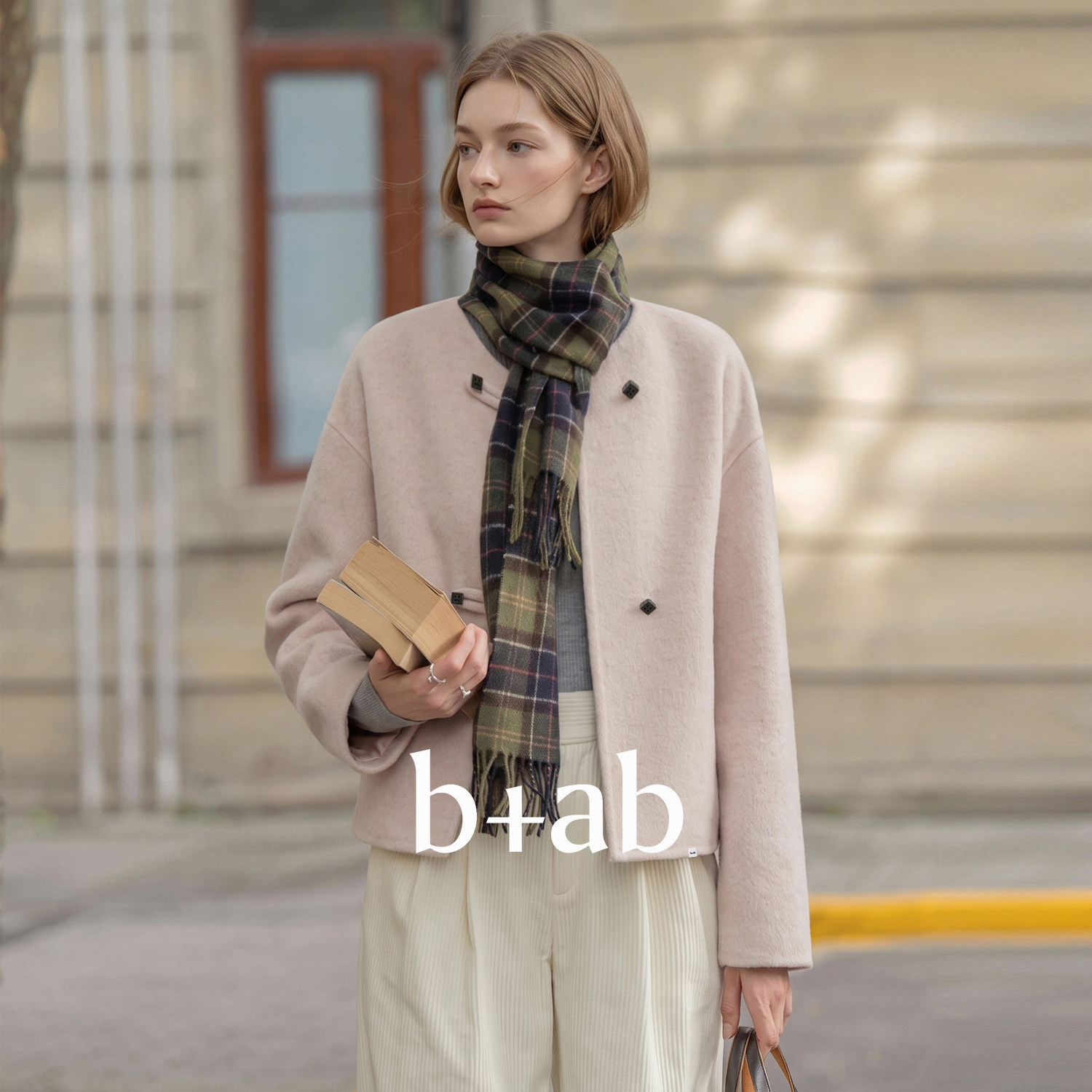it b+ab粉红色圆领中式盘扣绵羊毛呢外套秋女通勤长袖外搭上衣