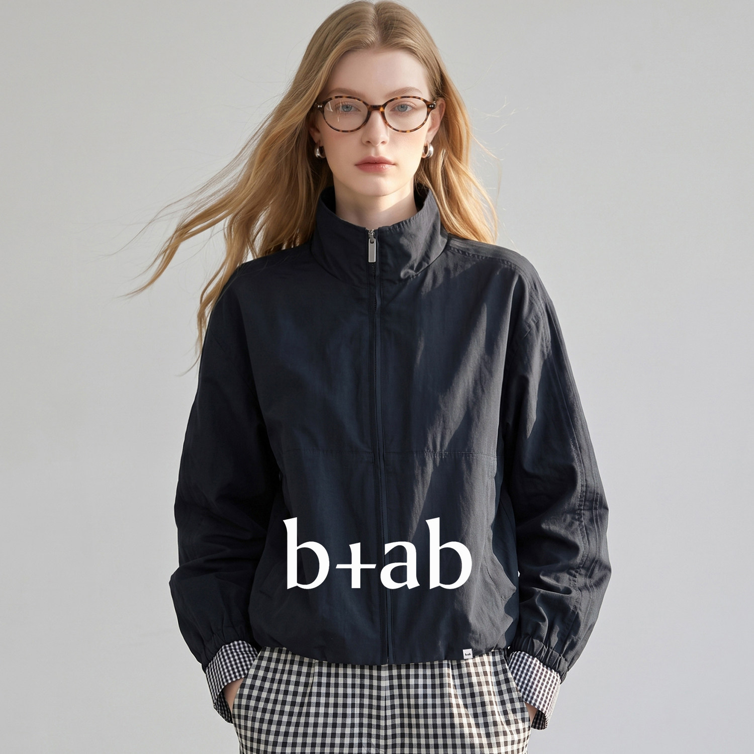 it b+ab深军蓝色立领短款外套女秋季格纹翻边袖口拉链工装风夹克