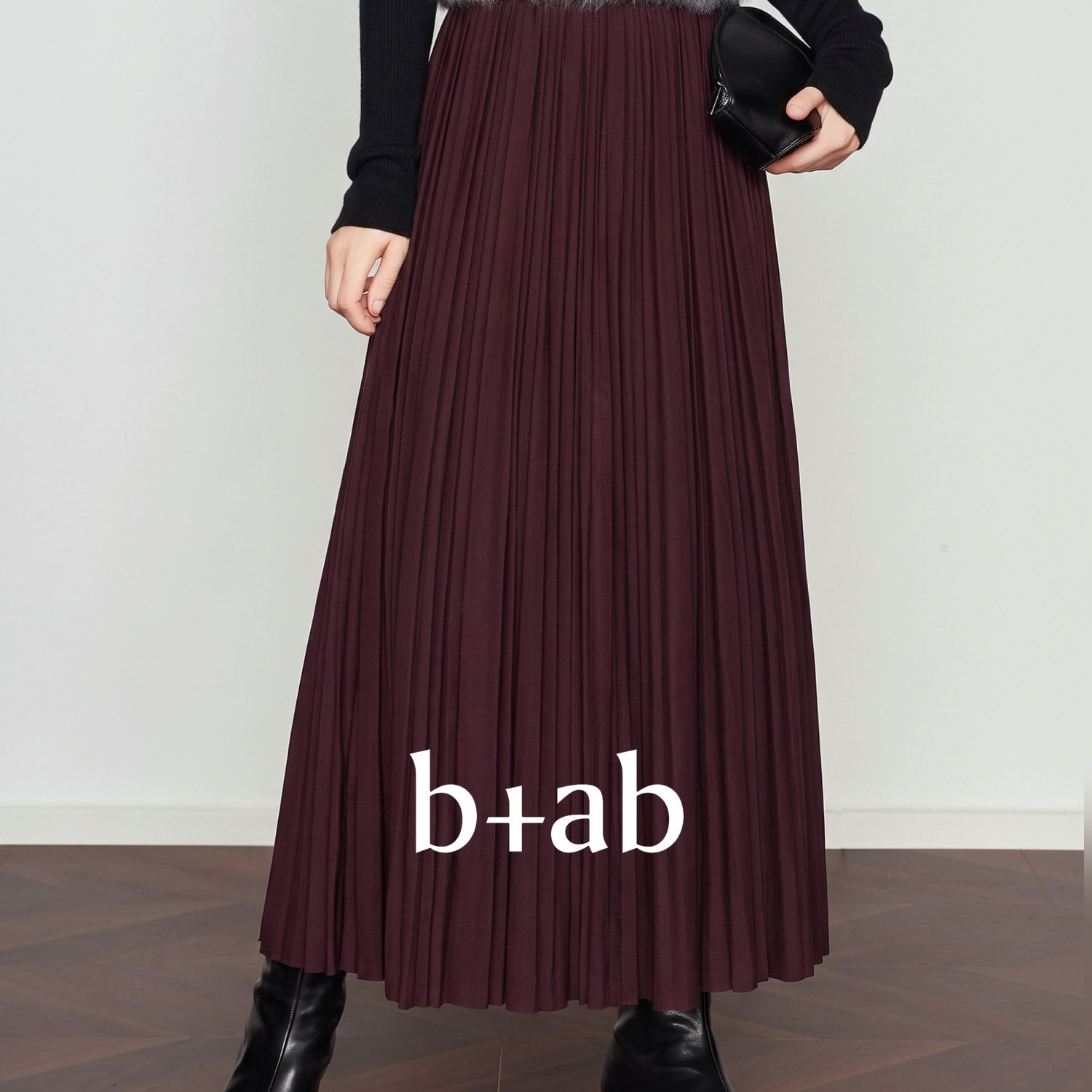 it b+ab 2026秋季新款深紫色百褶半身裙女松紧高腰垂感a字中长裙