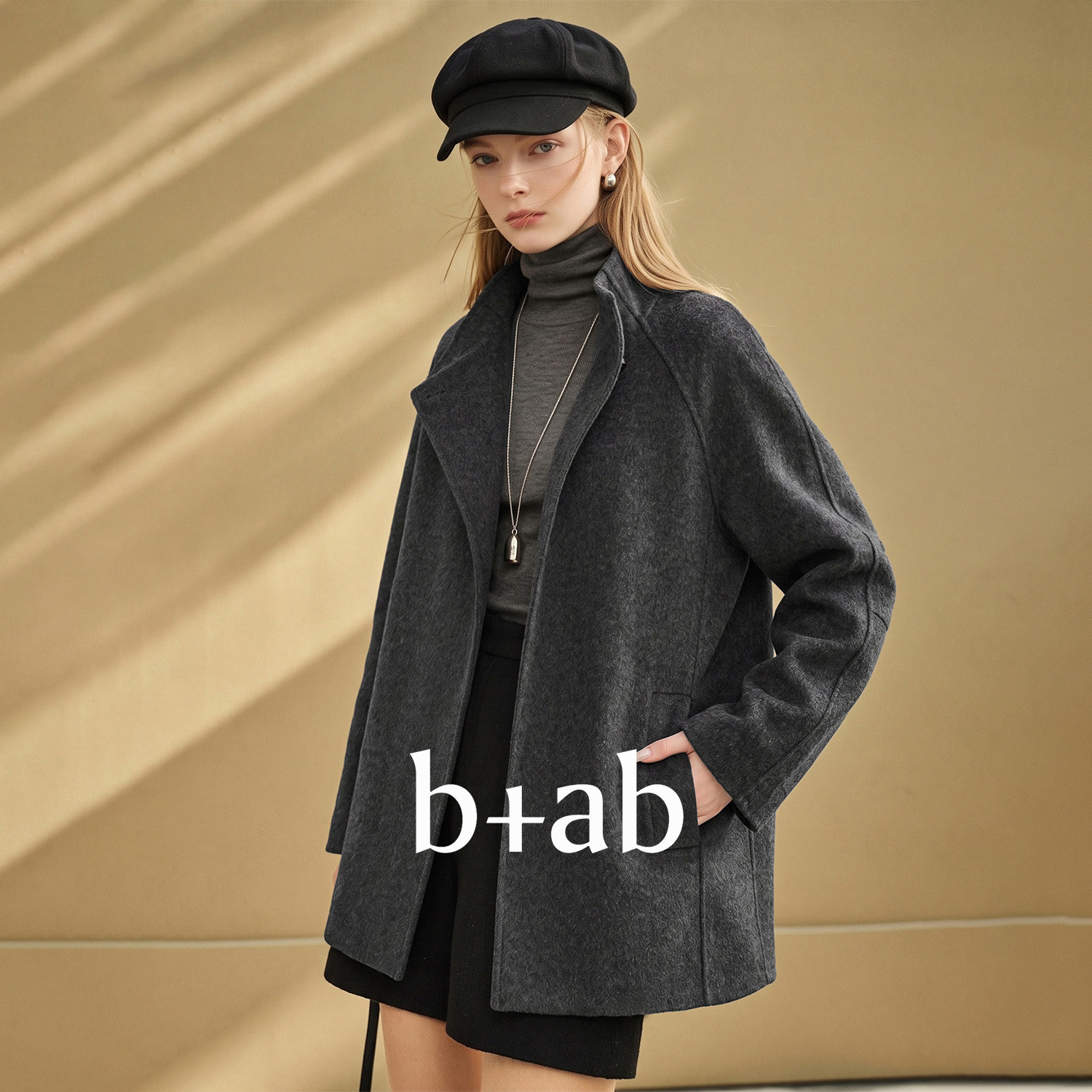 it b+ab 2026冬季新款毛呢外套系带立领中长款宽松女款外穿上衣款