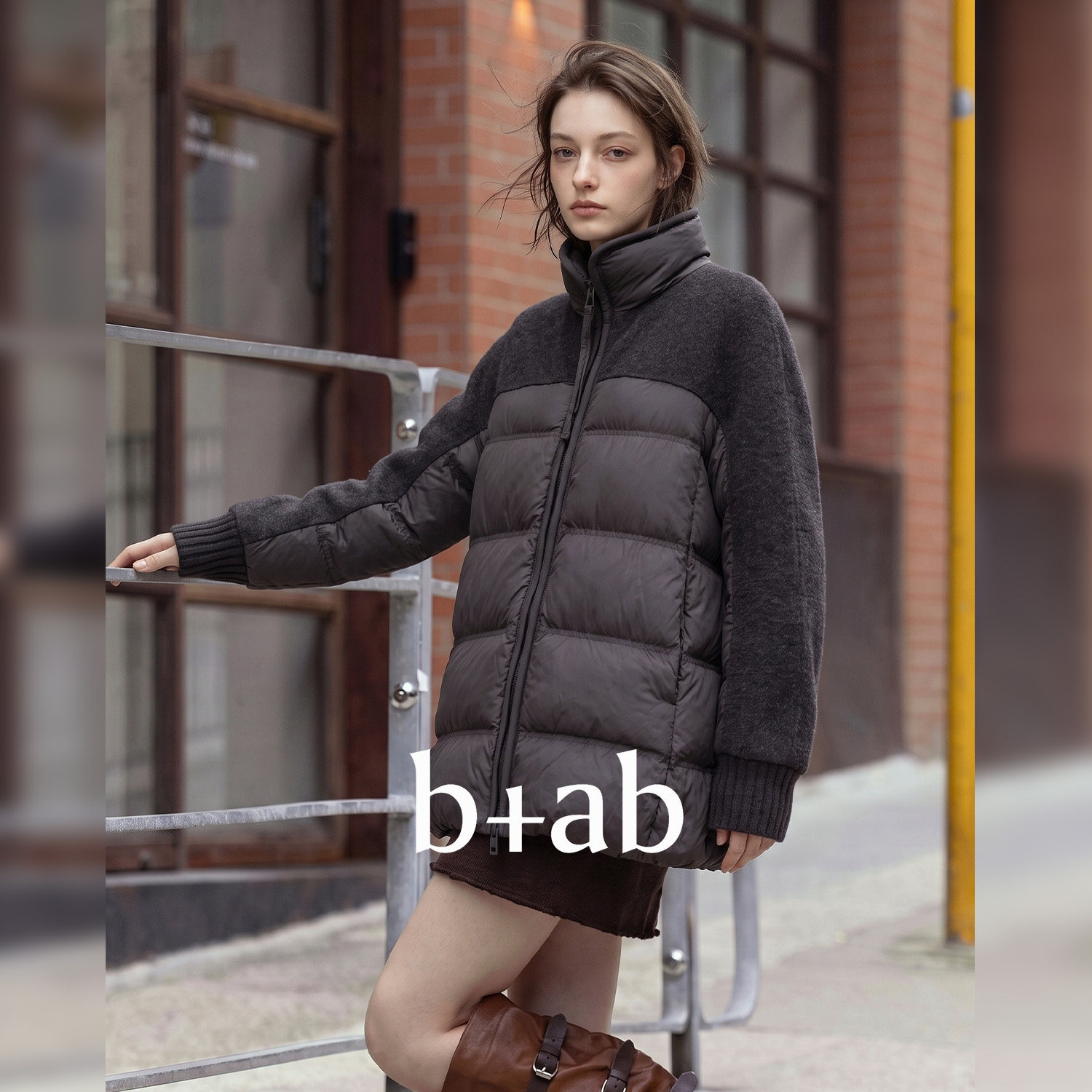 it b+ab 2026冬季新款毛呢大衣女立领宽松拼接外套简约气质上衣