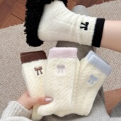 冬季 澳绒加厚保暖袜子女撞色蝴蝶结日系外穿防寒家居睡眠中筒袜子