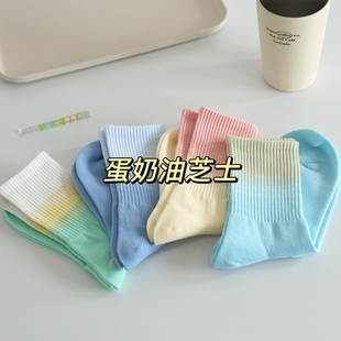 渐变色袜子女韩版 纯色棉运动透气吸汗长袜 中筒袜ins潮春夏季 薄款